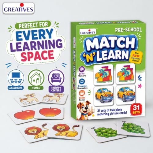 Image of Creative's Match N Learn Matching Game for Kids Age 3+ | Memory & Observation Card Game | Preschool Educational Learning Toy | 62 Picture Matching Cards