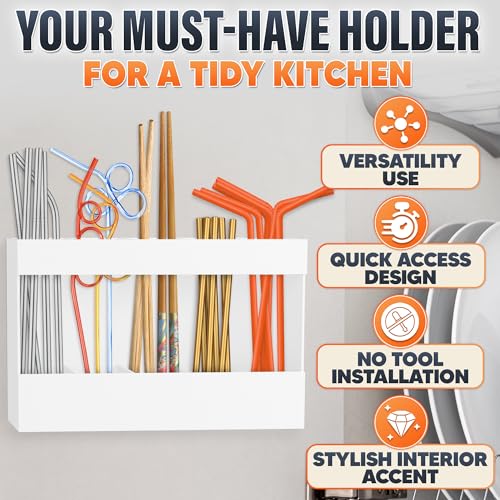 Image of 9.5 inch Cabinet Door Peel and Stick Straw Holder - White Plastic Straw Holder for Cabinet Door, With Strong Adhesive Tape, Space-Saving Easy Mounted Storage for Straws, Utensils, Chopsticks and More