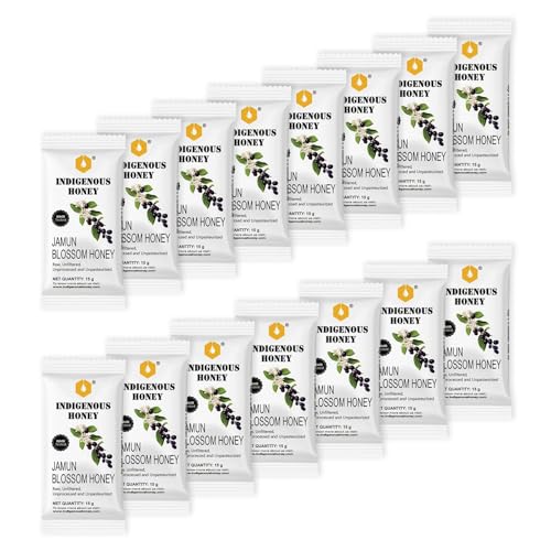 Image of INDIGENOUS HONEY Natural Jamun Honey Raw Organic Pure Unprocessed Added Sugar Free NMR Tested Unpasteurized Unheated 15 Gift Sachets 15g Each Total 225g