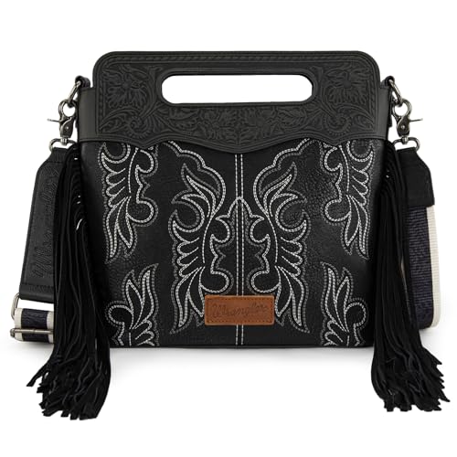 Image of Wrangler Western Handbag for Women Crossbody Bag Top Handle Shoulder Bag Embossed Cowgirl Fringe Purse