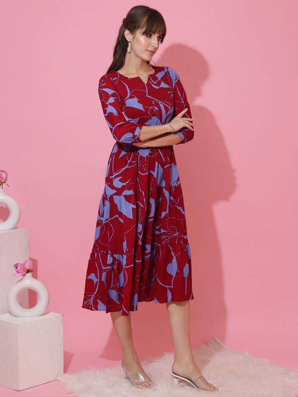 Image of Sheetal Associates Women's Casual 3 /4 Sleeve Crepe Fit and Flare Dress| Comfortable Relaxed Fit Summer Party Dress