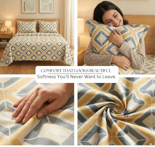 Image of BSB HOME Cloud Cotton King Size Bedsheet Set 228 x 254 cm, 220 Thread Count Soft & Breathable Cotton Bedsheet with 2 Pillow Covers, Floral Printed Bedding for Home (Golden Yellow)