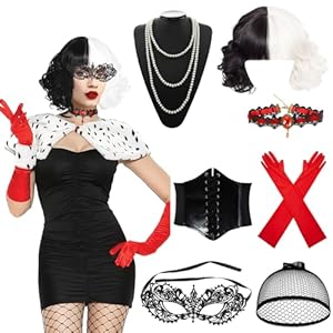 Kitimi Peluca Blanco y Negro, Disfraz Cruella Devil Mujer con Máscara de Encaje Guantes Vintage Rojos Joyería, 1970s Set de Accesorios Disfra Peluca para Cosplay, Carnaval, Halloween