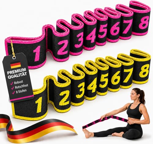2 Stück Gymnastikband mit Schlaufen Fitnessbänder Widerstandsbänder 8 Schleifen Verstellbar Theraband Terrabänder Set für Yoga Pilates Physiotherapie Krafttraining Stoff Stretchband (Rosa+Gelb)