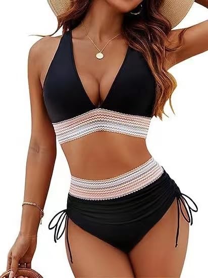 Hicodbek Bikini Damen Set Sexy Badeanzug Bademode Hohe Taille Farbblock Zweiteiliger Kordelzug Badeanzüge Bikinis für Frauen (DE/NL/SE/PL,...