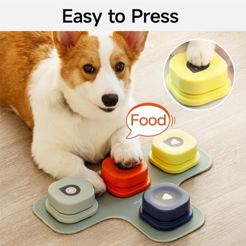 MEWOOFUN Hundeknöpfe Trainingsklicker mit Sprachaufzeichnung für das Hundetraining mit Matte und DIY-Aufklebern – Haustier-Befehlssummer für Hunde und Katzen (4 Pack)