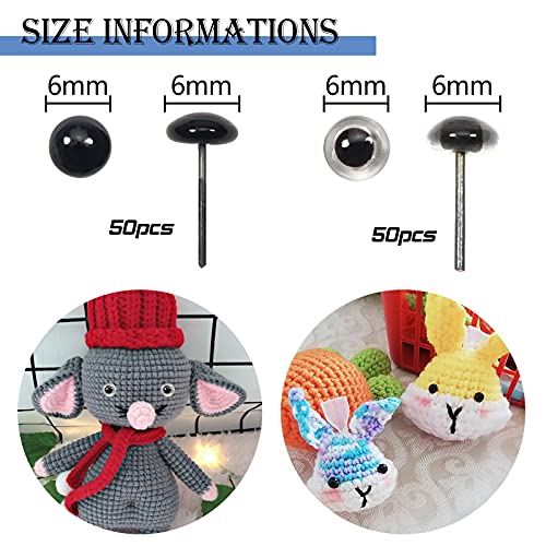 TOAOB 100 Pieces Round Glass Animal Eyes with Metal Nail 6 mm Transparent and Black Safety Eyes for Doll Making - Image 2