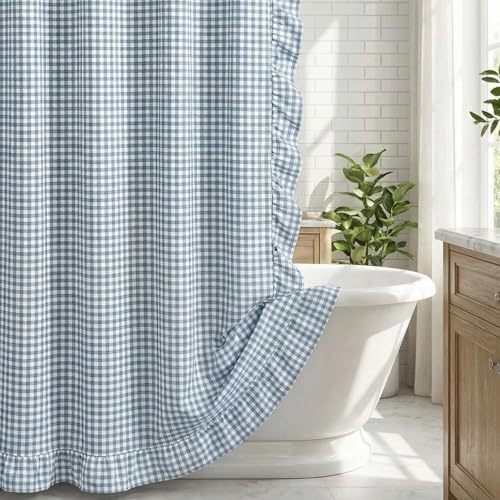 HunnmingRe Ruffled Gingham Shower Curtain 72 x 72 Inch Cotton Vintage Farmhouse Rural Checkered Plaid Shower Curtain with 12 Hooks for Bathroom Bathtubs Decor