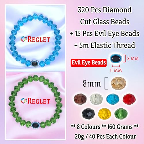 Image of 15 Pcs Evil Eye Beads + 320 Pcs Diamond Cut Glass Beads for Jewellery Making Kit - Glass Beads for Bracelet Making Kit - Bead Craft - 8 mm