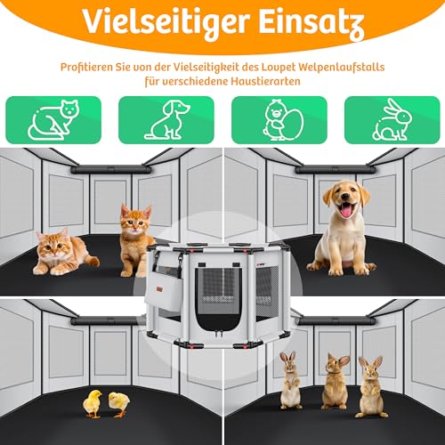 LOVPET® Welpenlaufstall drinnen draußen Welpenauslauf Hunde-Käfig Oxford-Gewebe Tier-Laufstall Kleintier Katzen Freigehege Rahmen PVC-Rohr mit Tasche, 3X Kauknochen & 10 Pad, M 72x72x43cm, Grau