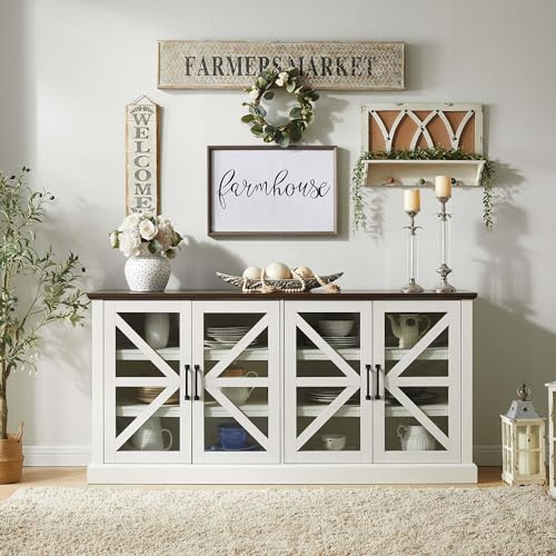 Farmhouse-Buffet-Cabinet-with-Storage-70-Wood-Rustic-Sideboard-Buffet-Cabinet-w4-Glass-Barn-Doors-Adjustable-Shelf-Coffee-Bar-Cabinet-for-Kitchen-Dining-Room-Living-Room-White Farmhouse Buffet Cabinet with Storage 70 Wood Rustic Sideboard Buffet Cabinet w4 Glass Barn Doors Adjustable Shelf Coffee Bar Cabinet for Kitchen Dining Room Living Room White