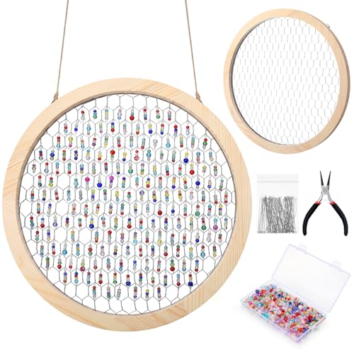 Leinuosen Chicken Wire Wooden Frame with 800 Pcs Glass Beads Unfinished Wood Window Frame for Crafts Photos Jewelry Making(2 Pack 14 x 14 Inch)