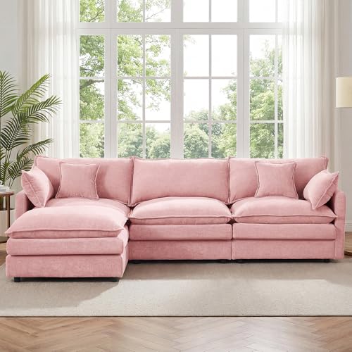 Image of 102 inch L Shaped Modular Sectional Sofa, Comfy Upholstery Chenille Cloud Couch with Ottoman, Modern 4-Seat Deep Seat Sofa with Pillow for Living Room, Bedroom, Apartment, Pink