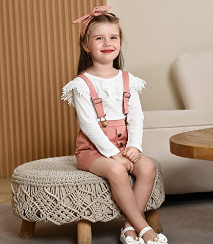 Image of Weixinbuy Toddler Girl Fall Clothes Lace Fly Sleeves Ribbed T-shirt+Suspender Skirt+Headband Winter Outftts Clothing Set 1-6T