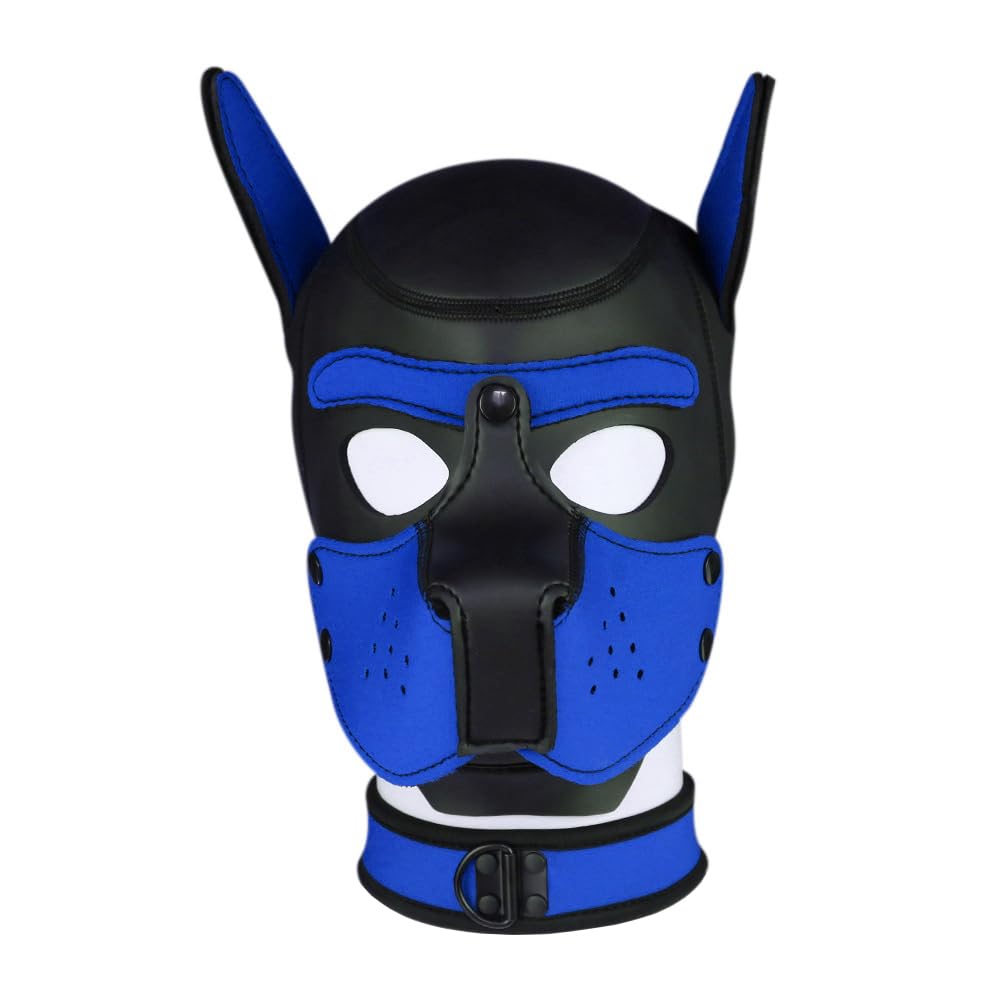 Neoprene K9 Puppy Hood Dog Muzzle Mask Pup Hood Halloween Mask (Blue, Mask with Collar)