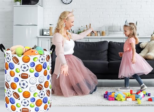 Image of 19.7 inch Round Kids Laundry Basket Gift Baskets Storage Laundry Hamper Toys Nursery Bin with Handles,Storage Basket for Childrens Room Bedroom Decor (BALLS)