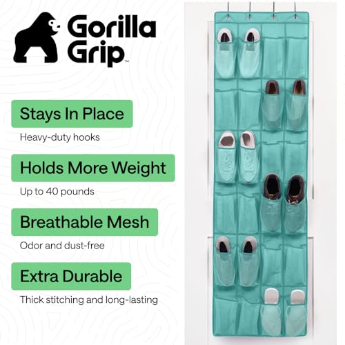 Image of Gorilla Grip Over The Door Mesh Pocket Shoe Organizer, 24 Large Breathable Durable Pockets, Hooks for Hanging on Closet Door, Storage Rack, Organizers for Shoes, Sneakers, Accessories, Turquoise