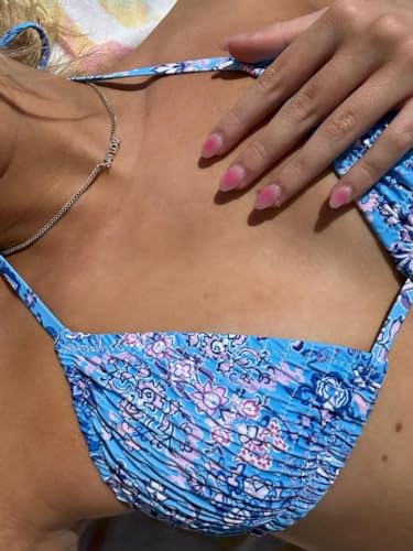 Image of Women's Triangle Bikini Set String Swimsuit Print Tie Smocked Ruched Two Piece Bathing Suit