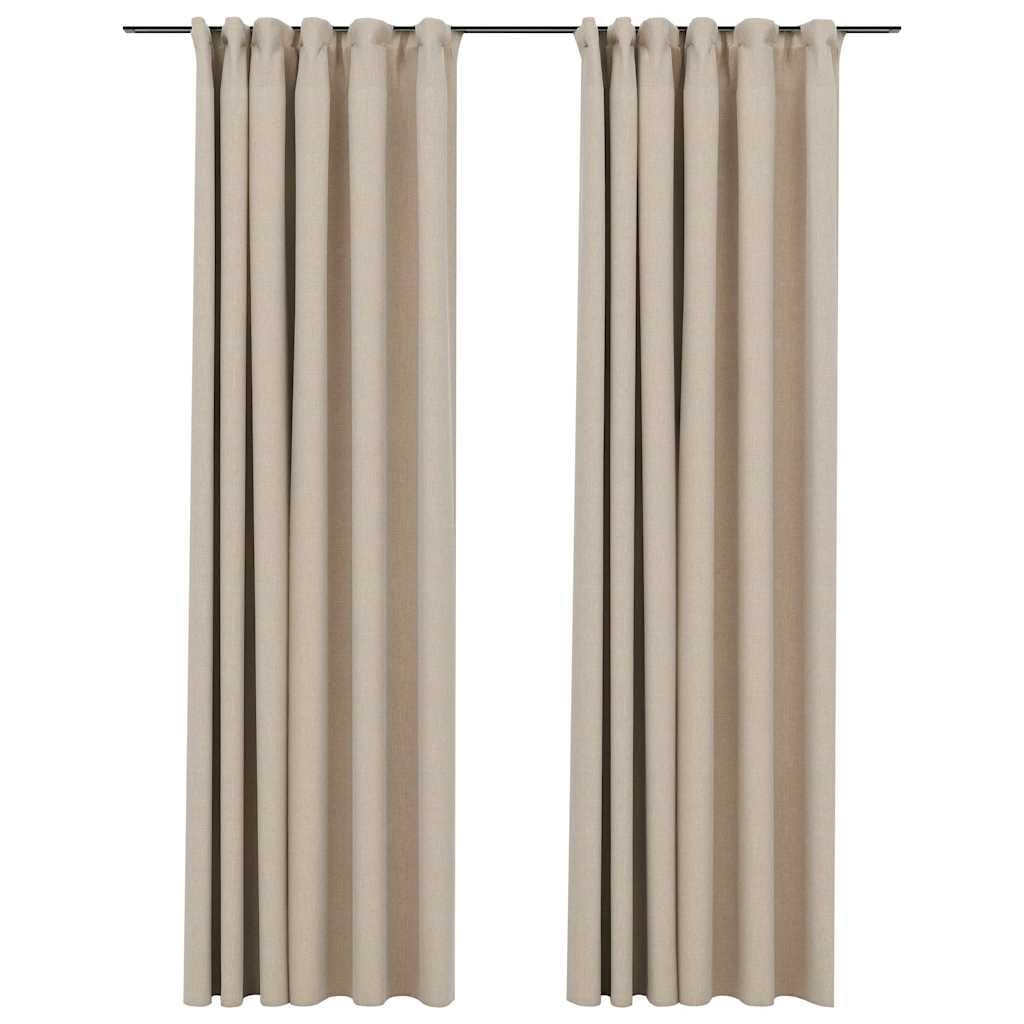 Cortinas opacas con aspecto de lino, juego de 2 unidades, color beige, opacas de 140 x 245 cm, con ganchos de metal para salón y dormitorio, cortinas decorativas para oscurecer