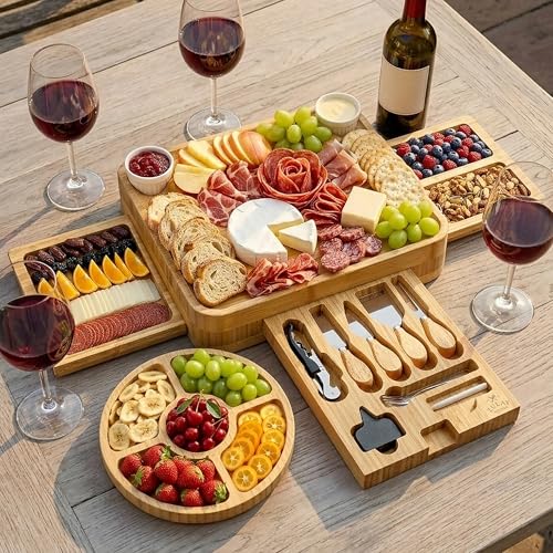 Image of Zulay Kitchen Premium Bamboo Cheese Board Set - Extra Thick Bamboo Charcuterie Board Set with 4 Piece Knife Set - Wooden Cheese Board is Perfect for Charcuterie, Wine and Cheese (Deluxe Set)