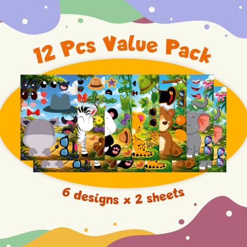 Image of CodersParadise Jungle Animal Make-a-Face Sticker Activity Set, 12 Sticker Sheets, Zebra, Panda, Elephant, Leopard, Bear & Raccoon Face Stickers, DIY Craft for Kids, Birthday Party Favors