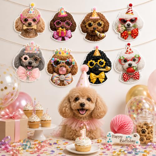 Image of Poodle Birthday Banner, Dog Party Decorations Garland Poodle Gifts | 8 Unique Poodle Faces, Pre-Strung , Ready to Hang