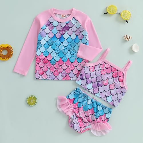Kids Little Girl Swimsuits Swimwear Summer Mermaid Camisole+Elastic Ruffles Shorts+Cover up Set Bathing Suits2