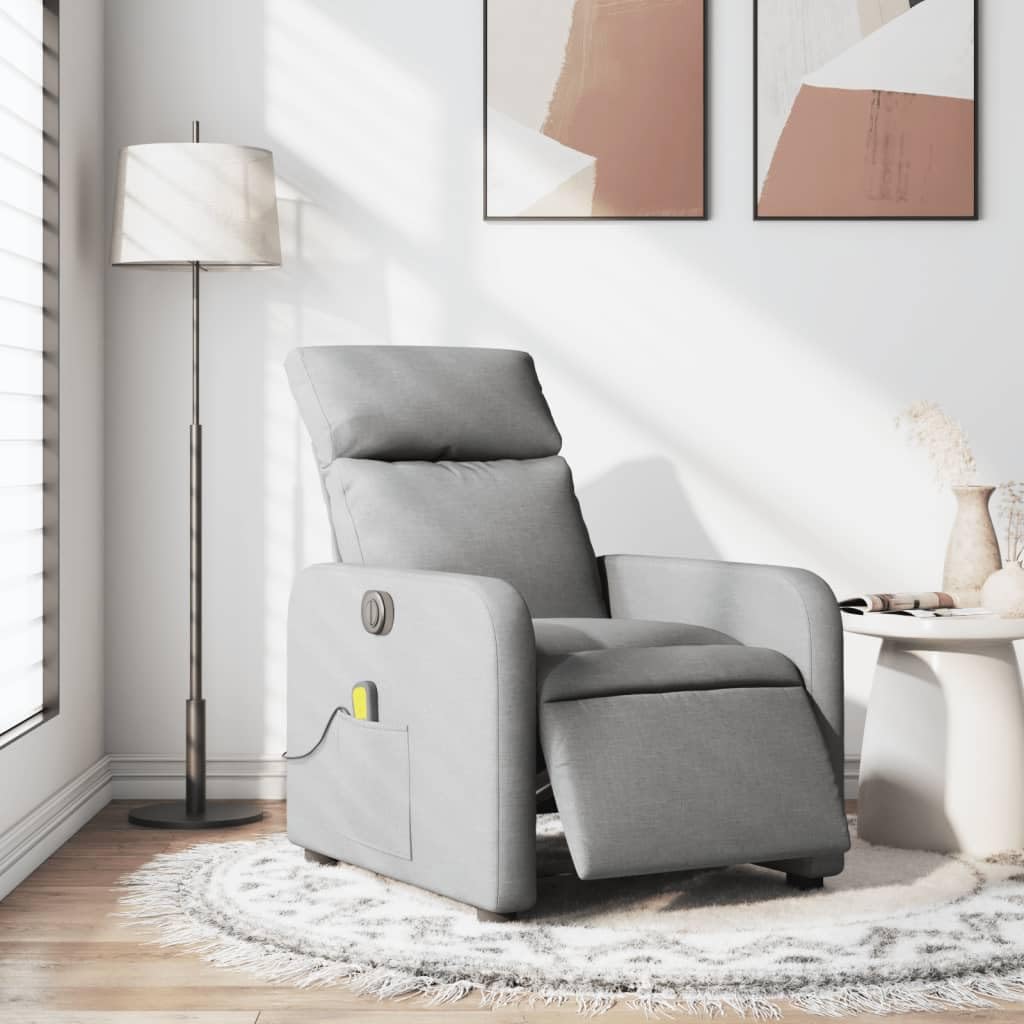 Massagesessel elektrisch hellgrau Stoff mit 6-Punkt-Vibrationsmassage, Verstellbarer Rückenlehne und Fußstütze, Holz Metall Gestell, bequemer Polsterstuhl ideal für Wohn- und Schlafzimmer