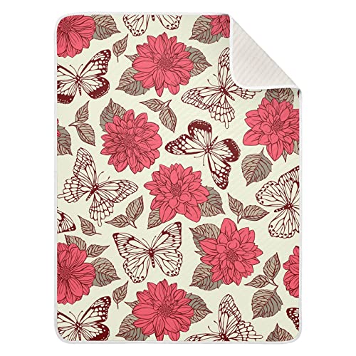 Image of Pigsaly Retro Butterflies Dahlias Baby Blankets 30 X 40 in Red Flower Toddler Blanket Newborn Crib Blanket Nursery Bed Blankets for Stroller Toddler Bed Carseat