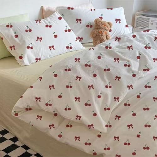 Image of Nayoroom Red Cherry Duvet Cover Queen Size Cute Bow Duvet Cover 3 Pieces Soft Lightweight Microfiber Girls Aesthetic Dorm Bedding Set with Zipper Closure
