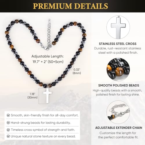 Beaded Cross Necklace Gifts for Men - Triple Protection Black Onyx Obsidian Tiger Eye Natural Stone Necklace Stainless Steel Cross Pendant Stress Relief Balance Faith Jewelry Gifts for Husband Dad Son - image 4