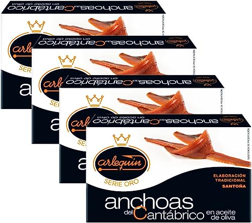 ARLEQUIN Serie Oro Anchoa del Cantábrico, Elaborada a Mano en Santoña, en Aceite de Oliva (4 Latas - 200 grs)