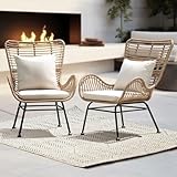 IDZO Isabelle Upgraded 2000 Hours UV Wicker Chairs Outdoor Set of 2, 500 lbs Capacity Outdoor Patio Chair, All-Weather Club Chair with Water-Resistant Olefin Cushions, Boho Style, Beige