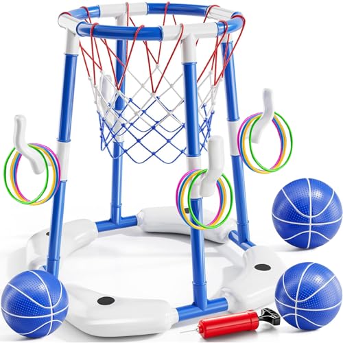 Pomefar Pool Toys Pool Basketball Hoop 2-in-1 Floating Pool Toys Ring Game with 3 Balls and Pump Outdoor Swimming Pool Basketball Toys for Family Party