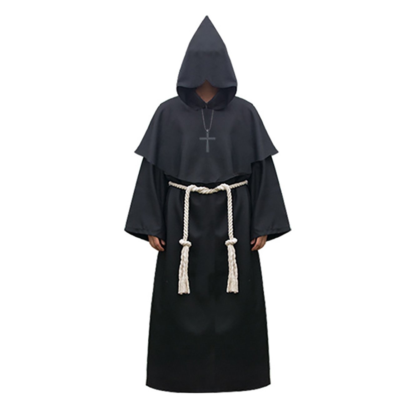 Feynman Men's Black Monk Costume Monk Robe Priest Robe Costume With Hood Medieval Renaissance Hood