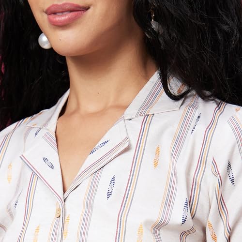 Image of Globus Women Green Casual Striped Lapel Shirt Collar 3 /4th Sleeve A-Line Kurta-3639791001