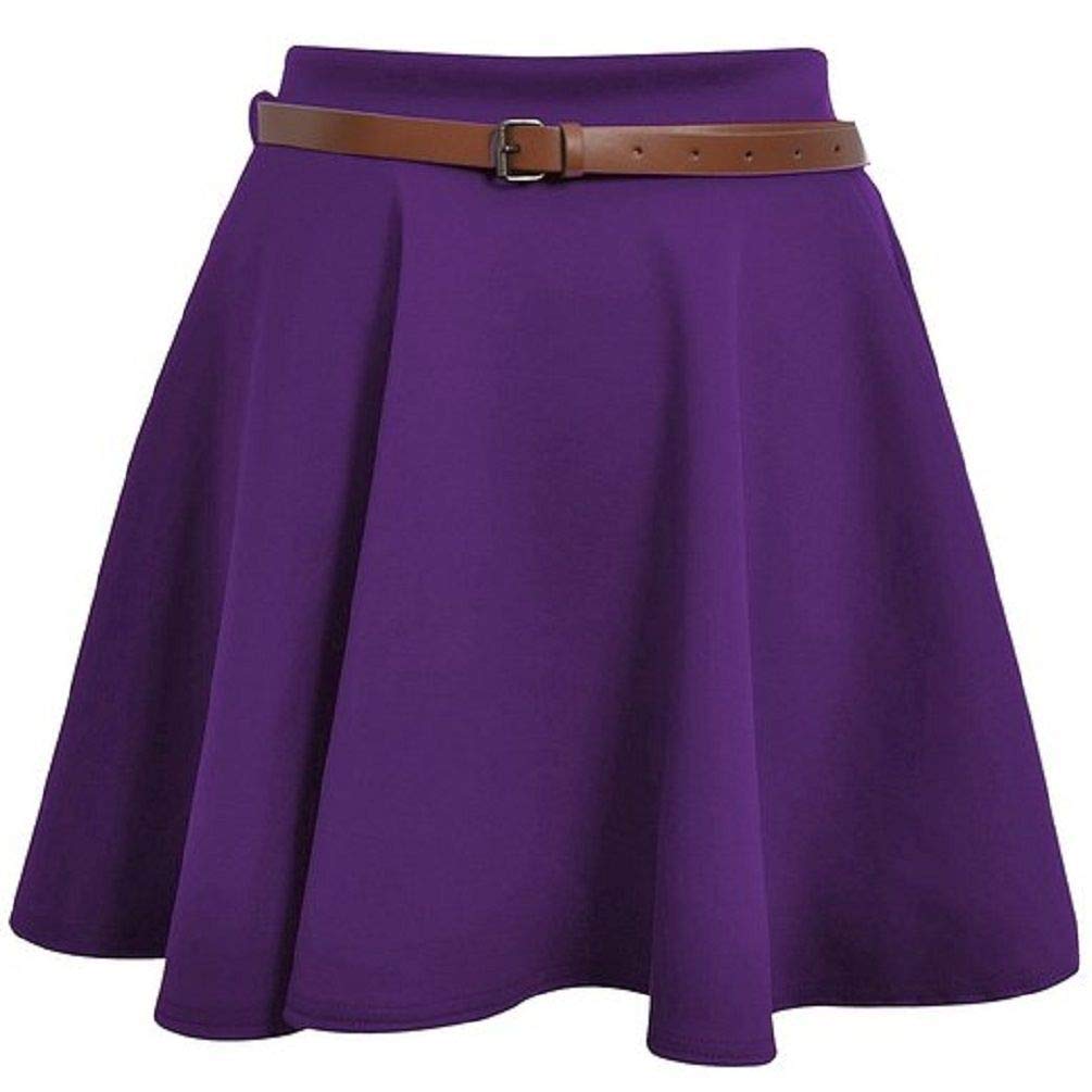 NAZ Fashion Skater Belted Stretch Waist Plain Flippy Flared Short Skirt (Purple, 10)
