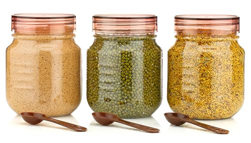 Image of Plastic Pet Storage Jar Set (750ml) with Spoons, Air-tight, Design - Kitchen Container (BROWN 3)