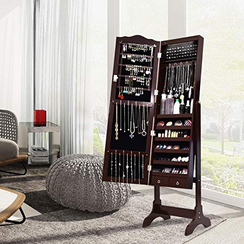 HOMGX (Brown 14 LEDs Mirror Wood Cabinet, Lockable Standing Armoire with Key, Jewelry Storage Organizer with 2 Drawers and 4 Angles, Jewelry Cabinet, Jewelry Cabinet, Jewelry Cabinet, Jewelry Cabinet