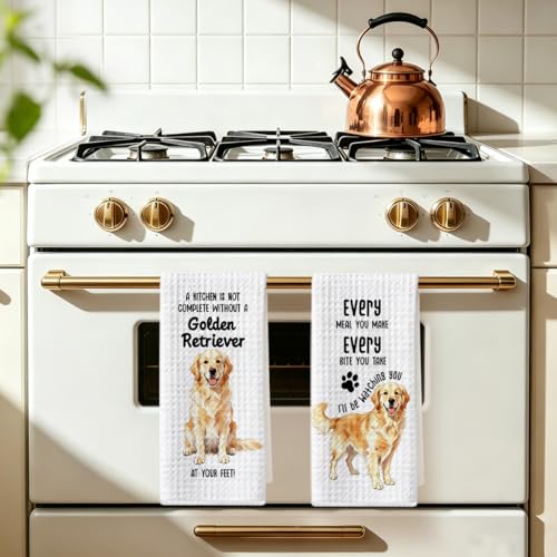 Image of 2 Pcs Funny Golden Retriever Kitchen Towels 24x14 Inch, Golden Retriever Decorative Reusable Dish Towels for Kitchen Bathroom Decor, Waffle Weave Hand Cloth Tea Towel, Dog Lover Gifts for Women Friend