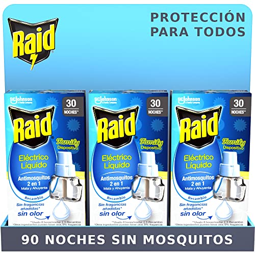 Raid ® Pack de 3 Recambios Eléctrico Líquido Family 30 noches - Cargador para aparato enchufe anti mosquitos comunes y tigre 2 en 1, mata y ahuyenta. Sin olor, 90 noches de protección