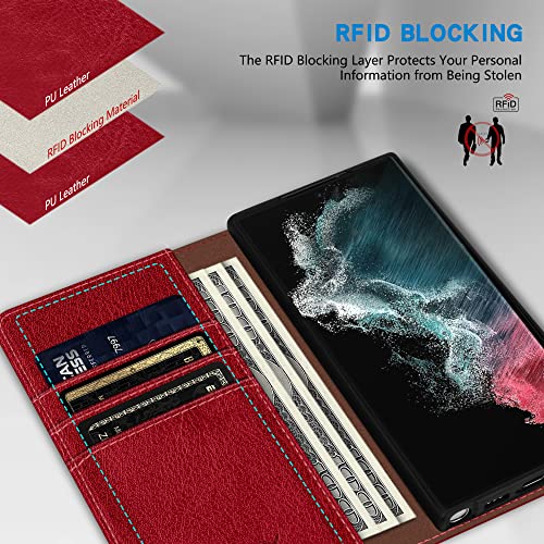 Image of ZZXX for Samsung Galaxy S22 Ultra Wallet Case with [RFID Blocking] Card Slot Stand Strong Magnetic Leather Flip Fold Protective Phone Case for Samsung Galaxy S22 Ultra Case Wallet(Red-6.8 inch)