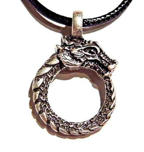 Ouroboros Cycle Serpent Double-Sided Snake Pendant on Choker-Length Cord Necklace Dragon Pewter Charm