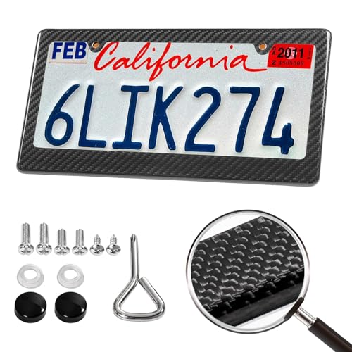 Image of Carbon Fiber License Plate Frames-One Pack Black Front & Rear Black License Plate Holder with Mount Hardware Screws Caps Rattle Proof Pads 2Holes 1Pcs Real Carbon Fiber License Plate Frame