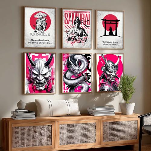 Image of HOTHOUSE Aesthetic Samurai Theme Devil Masks Wall Framed Posters | Japanese Devil Masks Framed Poster for Living Room Bedroom Gaming Room Studio Wall Decor Set Of 6 (13X17 inch)