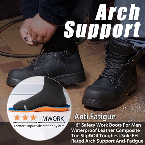 6" Work Boots For Men Waterproof Leather ASTM F2413-18 Composite Safety Toe EH Rated Arch Support Anti Fatigue4
