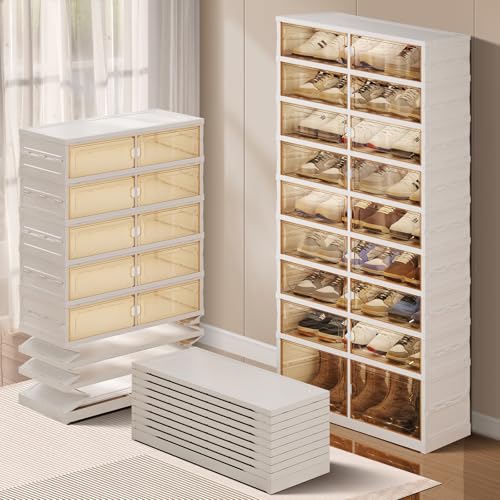 Image of CIMLORD 9-Tier Foldable Shoe Rack Organizer for Closet, 27 Pairs Collapsible Plastic Shoe Shelf, Large Shoes Cabinet with Door, Clear Stackable Storage Box Easy Assembly White