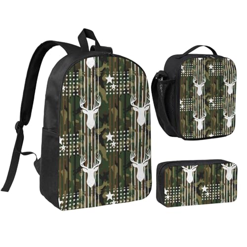 Backpack For Unisex With Lunch Box Pencil Case (for Deer Camo Camouflage American Flag Hunting Black)