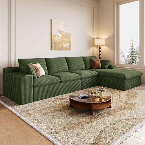 Image of 136 inch Cloud Couch Modular Sectional Sofa for Living Room, L-Shape Boneless Couch with Deep Seat, Modern Corduroy 4-Seater, No Assembly Required (Green,Right-Facing Chaise)