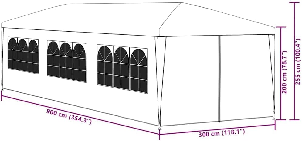 vidaXL Outdoor Canopy Party Tent 118.1" x 354.3", UV & Water-Resistant PE, Rust-Resistant Steel Frame, Windows & Zippered Door, Perfect Tent for Garden Parties & Backyard Events, Blue